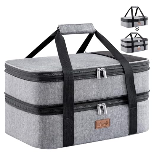 Lifewit Insulated Double Casserole Carrier Thermal Lunch Tote for Potluck Parties, Picnic, Beach, Fits 9 x 13 Inches Casserole Dish, Expandable by Mid Zipper, Grey