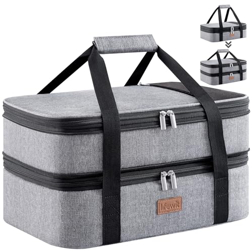 Lifewit Insulated Double Decker Casserole Carrier, Expandable Lasagna Lugger Tote Bag for Hot or Cold Food, Fits 9" x 13" Baking Dish for Potluck Parties, Picnic and Cookouts, Grey by Lifewit - Used condition - US$19.59
