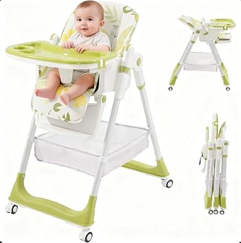Foldable High Chair Baby, Adjustable Height with 5 Positions, 3-Level Reclining Seat&3 Footrest Levels. Baby High Chair from Birth with Detachable Double Tray.Baby Feeding Chair for Boys &Girls Green