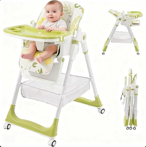 Foldable Baby High Chair with 5-Position Height, 3-Level Reclining Seat, 3 Footrests, Detachable Double Tray, from Birth, Green