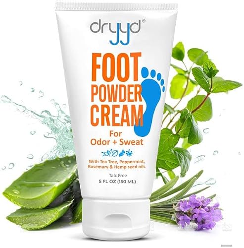 DRYYD Foot Powder Cream Lotion Deodorant Antiperspirant for Sweaty Smelly Feet, Low Mess, Absorb Reduce & Control Odor, Talcum-Free, Tea Tree + Peppermint, Leave On Foot Mask, Men & Women, Stocking Stuffer, 5oz