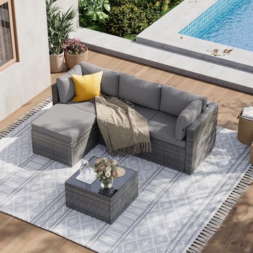 Aoxun 4 Seater Rattan Garden Furniture Sets, L-Shaped Corner Sofa with Waterproof Cushions & Glass Top Table,Adjustable Outdoor Patio Seating for Garden,Patio or Conservatory(Grey)