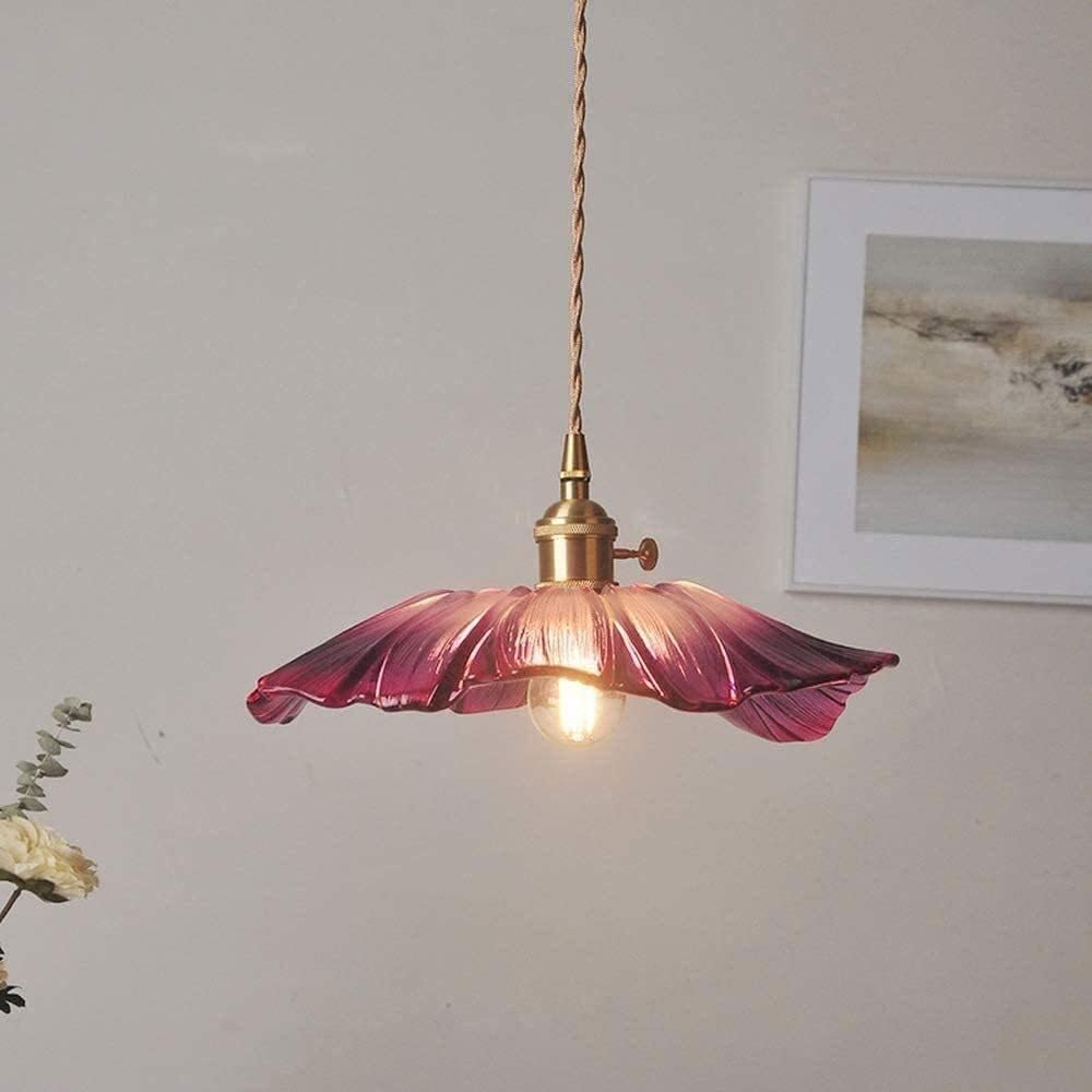 Lampy wiszące na stół w stylu retro Rodzaj kwiatu Szklany abażur Oświetlenie Liść lotosu Szklany żyrandol Mosiężna oprawka E27 Lampa sufitowa Kuchnia Obszar wiejski Restauracja Salon Wisząca lampa