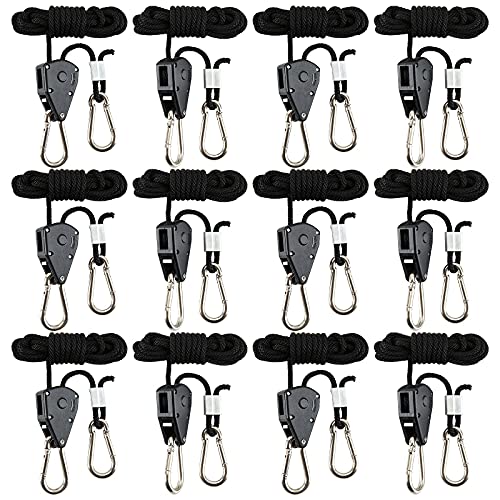 12 Pack Rope Clip Hanger 1/8 Inch 8 FT Adjustable Lifting Pulley Lanyard Hanger with M5 Iron Galvanized Carabiner, Reinforced Metal Internal Gears Ratchets 150lbs Capacity, Black