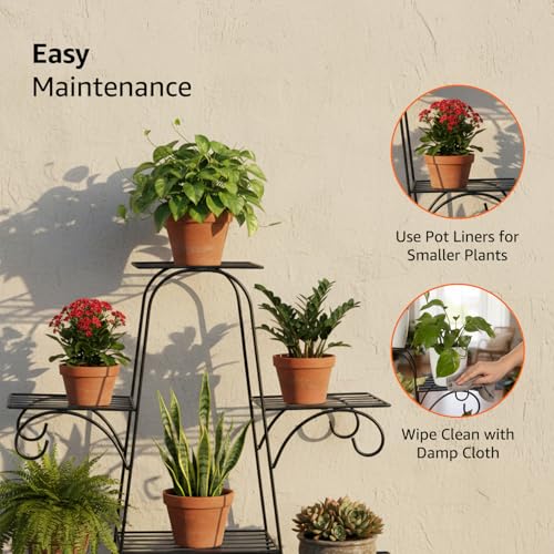 Image of Amazon Basics Metal Planter Stand for Living Room, Indoor Outdoor Plant Stand for Balcony and Home Decor, Holds 6 Planters, Black