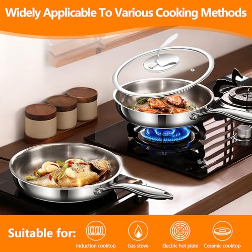 Risirica 12 inch Seven-layer Stainless Steel Frying Pan with LID,Food grade steel pan,Egg Pan Omelet Pan,Stainless Steel Frying Pan set,Dishwasher and Oven Safe, Induction,for Ceramic and Gas Cooktops — view 6