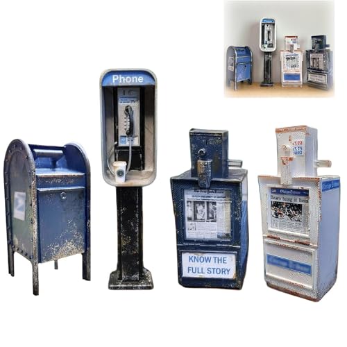 Generic Miniature American Payphone in 1:12 Scale, Mini Vintage Style Phone Booth Mailbox Model Decoration, Suitable for Collection and Scene Building Mini Dollhouse Furniture Accessories (4Pcs)