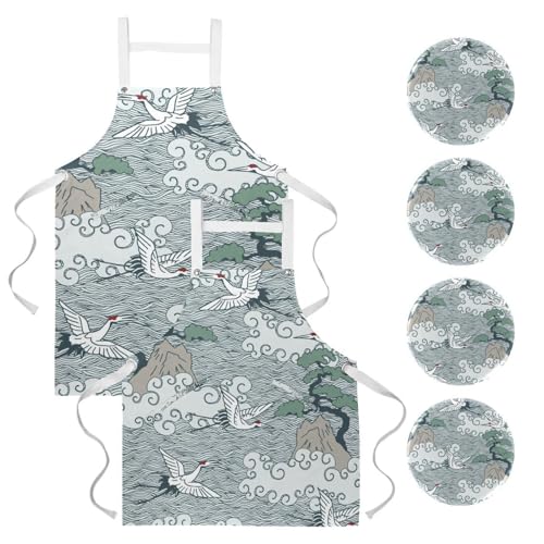 Lot de 2 tabliers de cuisine motif grue volante et pin réglables avec 4 broches