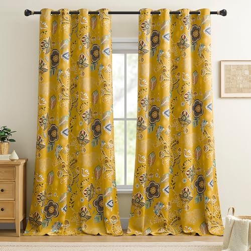 Image of XiDi Mustard Yellow Patterned Blackout Curtains 84 Inches Long 2 Panels | Vintage Floral Curtains for Bedroom Living Room, Thermal Insulated Grommet Top Luxury Mid Century Colorful Drapes, 52x84