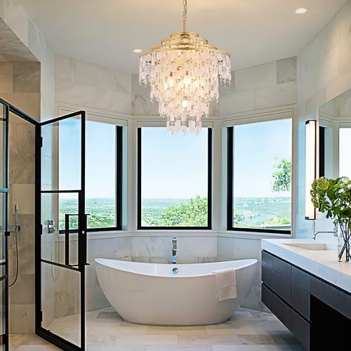 TOCHIC Capiz Shell Chandelier, 6-Light Gold Coastal Beach Chandelier with Crystal Beads Modern Boho Round Seashell Chandelier Light Fixture for Bathroom, Dining Living Room, Bedroom, Entryway 24" D - Image 6