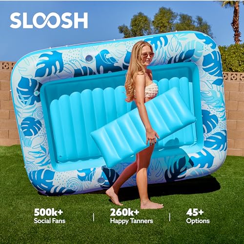 sloosh inflatable tanning pool lounger float 8534 x 5734 extra large pool floats adult with pillow 4 in 1 suntan tub raft floatiesunbathing bed lounge for water blow up ball pit party gifts xl-blue