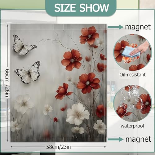 Image of Vintage Red Flowers Refrigerator Magnet Cover,White Butterflies Washable Dishwasher Magnets Decorative Cover,Home Kitchen Decorative Dishwasher Front Panel Cover 23x26 Inch