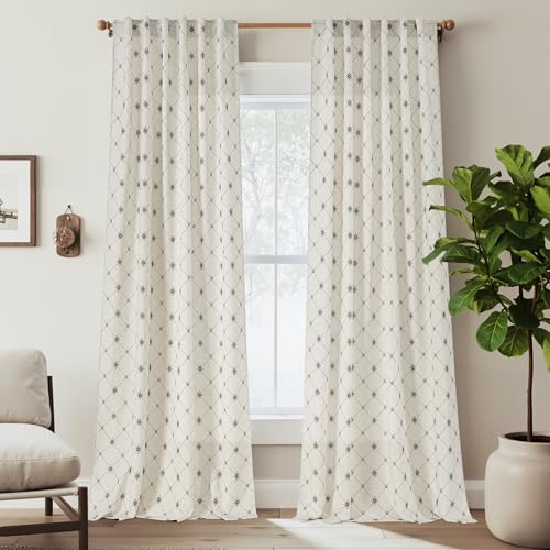 RYB HOME Lattice Diamond Linen Curtains 84 inches Long, Privacy Light Filtering for Living Room Bedroom, Plaid Farmhouse Vintage Window Drapes for Dining Room, Cream Beige, W52 x L84 Inch, 2 Panels