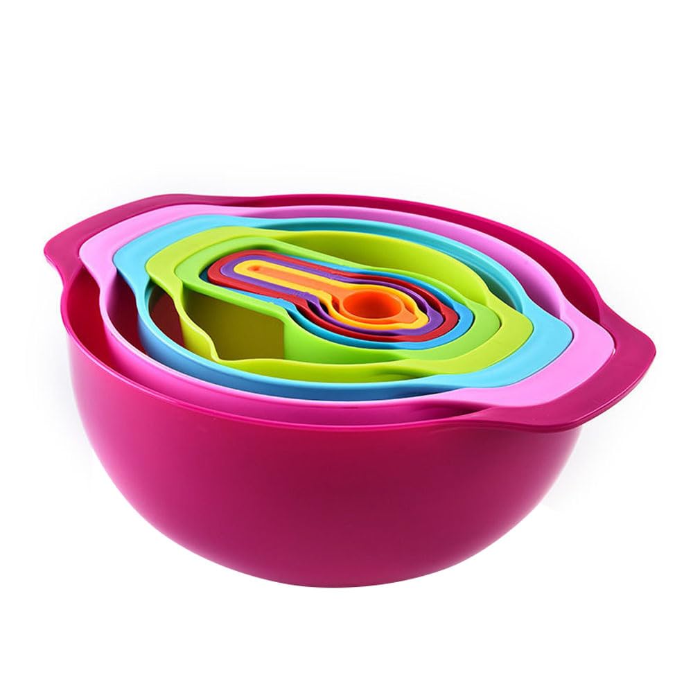 Plastic Nesting Bowls, Colorful Kitchen Mixing Bowl with 1 Filter Bowl, 1 Measure Cup, 1 Sieve and Small Spoons for Food Preparation (10 Pieces)