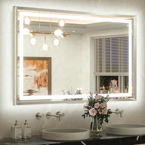 TETOTE 48 x 32 Bathroom LED Mirror Brushed Bright Nickel Metal Frame Frontlit & Backlit Vanity Mirror Stepless Dimmable Anti-Fog 3 Colors White/Warm/Natural Light up Vanity Mirror Wall-Mounted