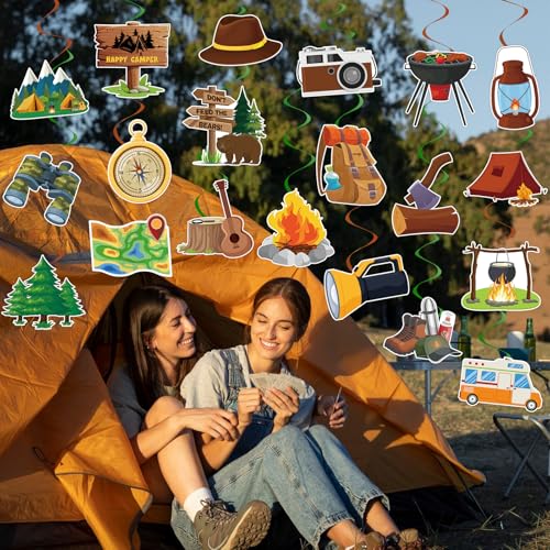 Image of 40Pcs Camping Hanging Swirl Decorations, Happy Camper Party Hanging Swirls Camping Adventure Bears Tent Telescope Sign Foil Swirls Ceiling Decorations for Camping Birthday Baby Shower Party Decor
