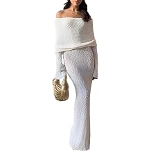 LOUSEA Women's See Through Crochet Knit Dress Off The Shoulder Sweater Maxi Dress Long Sleeve Fluffy Wedding Guest Dress