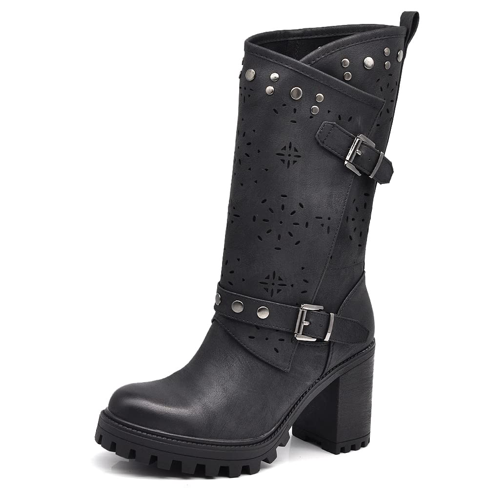 IF FASHION Stivaletti Tronchetti Da Donna Con Tacco Grosso Plateau Borchie Pelle Sintetica G669