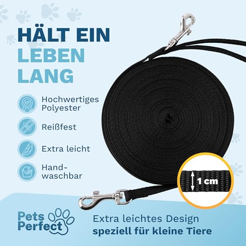 PETS PERFECT SCHLEPPLEINE 5M – Lange Leine Hund für Training & Freilauf – Schleppleine Kleine Hunde extra leicht & robust für Hunde und Katzen – Schwarz