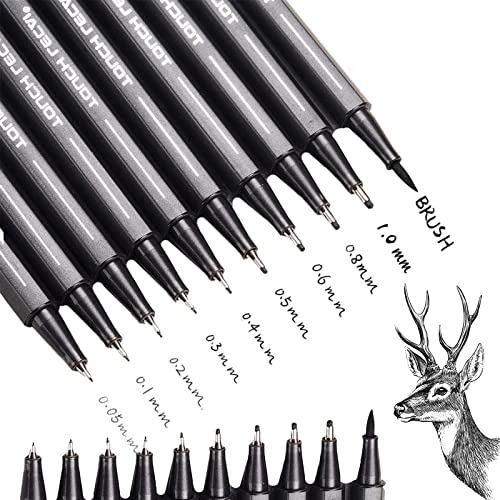Stylos Noir à Pointe Fine, Lot de 10 Stylos Feutre Noir à Pointe Fine Feutre Fine avec Pinceau, Stylo de Dessin Noir pour Le Dessin, Manga, Illustration de L'artiste, Scrapbooking Cover