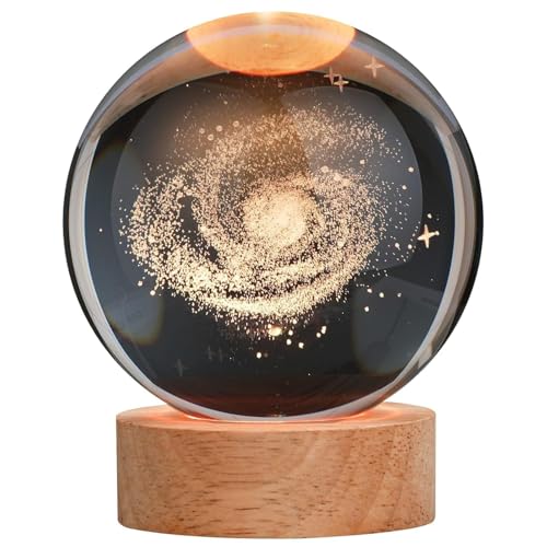 Image of 3D Galaxy Crystal Ball Night Light | Dimmable Engraved LED Glass Ball Table Lamp with USB and Wooden Base for Home Decor, Office, Birthday Gift & Kids Bedroom (Galaxy)