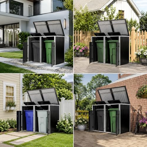 Image of KEIKI Outdoor Garbage Bin Shed for 2 Trash Cans, 54 Cu.Ft Metal Trash Can Storage with Hydraulic Lift Lid, Galvanized Steel Lockable Enclosure for Yard, Garden, Patio, Dark Gray