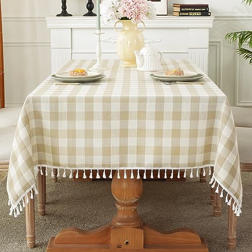 Laolitou Checkered Tablecloth Rectangle Washable Buffalo Plaid Table Cloth With Tassel Cotton Linen Gingham Table Cover For Picnic Kitchen Dining Room, Beige, 70 Inch #TOP19