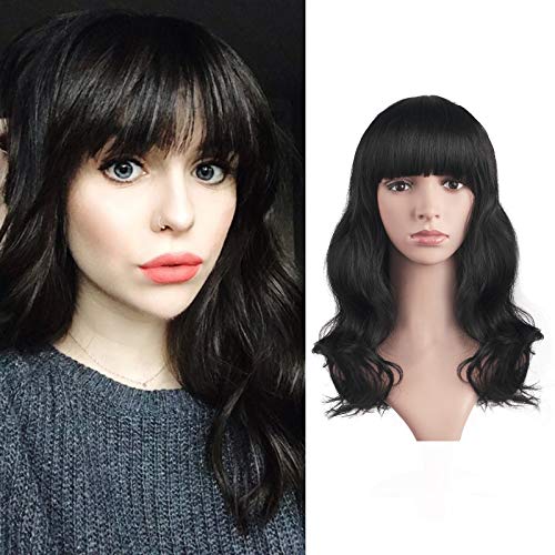 Sidaila Shoulder Bob Wig with Bangs, Long Curly Wigs Synthetic Glueless Natural Wavy Wig for Women, 16 Inch Colorful Cosplay Wigs Heat Resistant Hair Wig with Bangs for Girl Costume Wigs