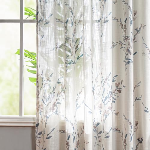 Image of MYSKY HOME Floral Sheer Curtains 108 Inch Long Linen Blended 2 Panels | Living /Dining Room Floral Light Filtering Curtains Patterned Privacy Protect Farmhouse Window Treatment 50 inch W, Navy Blue