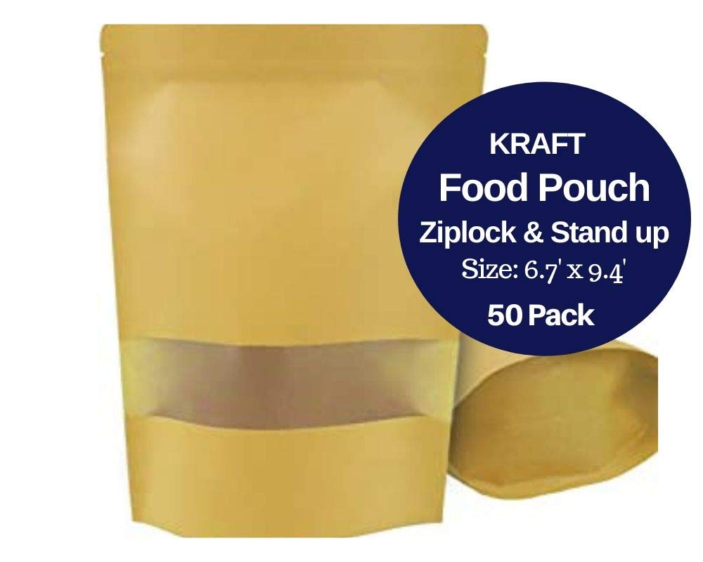 SUMMERSTAR 50 Pack Stand Up Kraft Food Pouch - Waterproof Resealable Ziplock Paper Storage Bag with Rectangle Matte Window 6.7 X 9.4