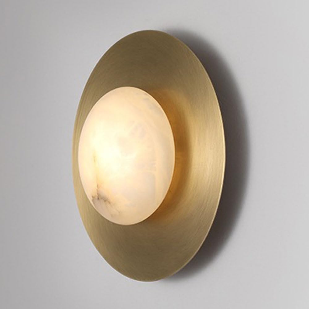 JISHUBO 7.8 Inch Round Metal Wall Light, Natural Alabaster Lampshade Wall Sconce, Vintage Farmhouse Style Wall Lamp, Restaurant Living Room Corridor Wall Mounted Light Fixtures