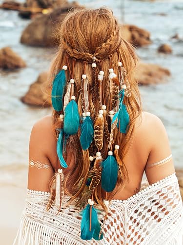 Fashband Indische Feder Stirnband Boho Quaste Hippie Stirnbänder Blau Tribal Kopfschmuck Perlen Festival Party Headwear Haarschmuck für Frauen und...
