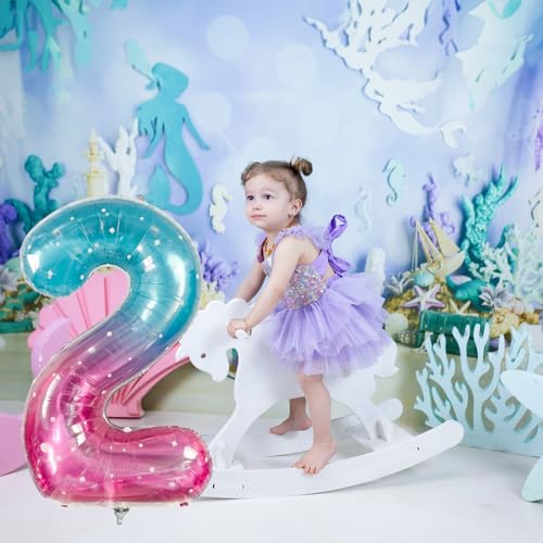 Image of Mermaid 2 Balloons, 40 Inch Giant Rainbow Starry Helium Mylar Foil Number 0-9, Purple Teal 2nd Birthday Balloon for Girls, Blue Pink Morados Numero Two Balloons for Women Anniversary Party Decorations