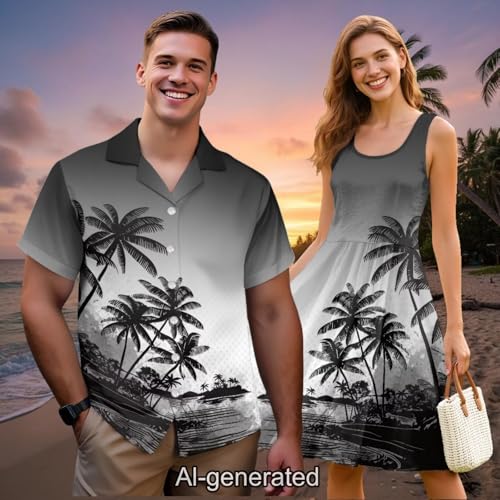 Image of Dreaweet Summer Dresses for Women A-Line Sleeveless Flowy Sun Dresses,Men's Casual Button-Down Shirts,Couple Matching Outfits