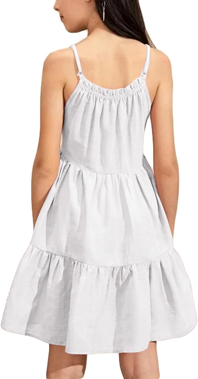 Fommykin Girl's Sundress Kids Spaghetti Strap Beach Linen Flowy Dress Cute Tiered Cami Tank Dress for 6-14 Years - Image 3