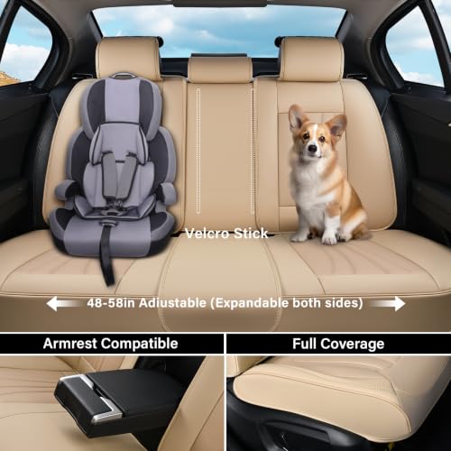 Image of Coverado Car Seat Covers Full Set, 5 Piece Car Seat Protector with Lumbar Support & Removable Headrest, Breathable Leather Front Rear Seat Cushion Universal Fit for Truck Automotive Beige