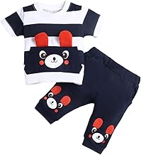 Hopscotch Boy Cotton Stripes Bear Print Half Sleeves T-Shirt And Jogger Kids Suit Set