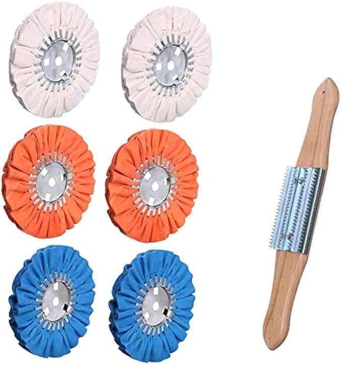 Airway Buffing Wheel Kit 7 PCs kit (2 pcs White & 2 pcs Orange & 2 pcs Blue & 1 Buffing rake) 8" in Diameter 5/8" in Arbor Hole 16 Ply for Angle Grinder 7 Pcs