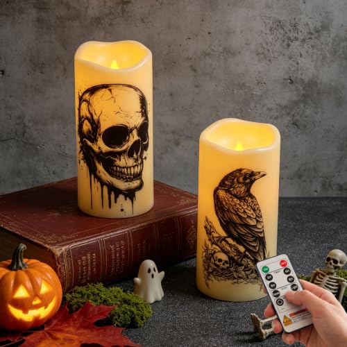 Image of Amagic 3 inchx6 inch Halloween Flameless Candles, Waterproof LED Pillar Candles | Battery Operated Candles with Remote & Timer, LED Pillar Lights for Outdoor, Patio, Home, Halloween and Holiday Decor