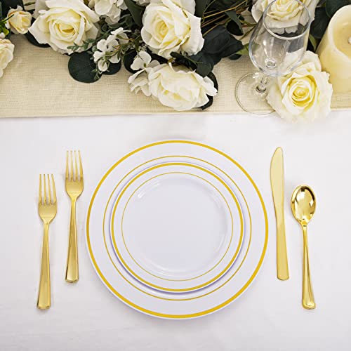 WDF-125 Piece Gold Plastic Silverware&Disposable Plastic Plates - Heavy Duty Plates include 25 Dinner Plates, 25 Salad Plates, 25 Forks, 25 Knives, 25 Spoons for Weddings, Parties, Bridal Shower - Image 5
