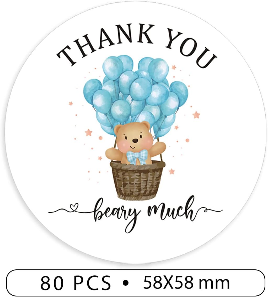 2.4 Inch Blue Bear Balloon Thank You Berry Much Sitcker,Baby Boy Thank You Bear Stickers,Boy Teddy Blue Bear Theme Favors Labels Decorations Supplies for Boys(80 PCS) - Image 2