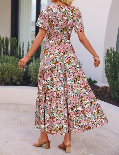 Image of ZESICA Women's 2026 Summer Spring Floral Boho Maxi Dresses Casual Short Sleeve V Neck A Line Flowy Beach Vacation Dress