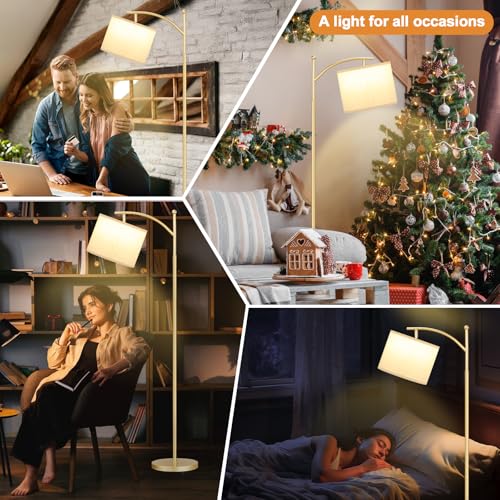 Image of Ambimall 60 inch Floor Lamp with 3 Color Temperatures, Adjustable Beige Shade, Gold Pole - Tall Lamp for Living Room, Bedroom, Office, Classroom, Dorm - 9W Bulb Included