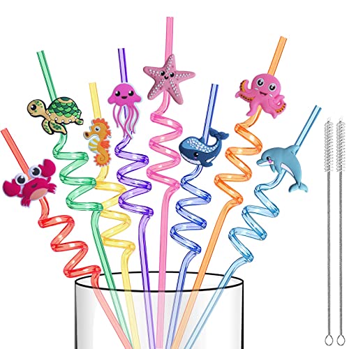 Reusable Sea Animal Straws - 16 PCS Plastic Ocean Creature Drinking Straws for Kids Party Decorations - Beach Ocean Themed Party Supplies with 2 Clean Brushes
