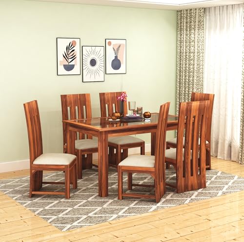 Image of SONA ART & CRAFTS Solid Sheesham Wood Dining Table 6 Seater Dining Table Set with 6 Cushion Chairs & Glass Top Dinner Table Set for Dining & Living Room Furniture for Home Restaurants (Teak Finish)
