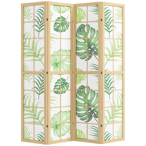 HOMCOM Paravent 4-teilig 160 x 170 cm Raumteiler Faltbar Sichtschutz aus Kiefernholz Freistehend Trennwand mit Palmenblatt-Design Raumtrenner für Wohnzimmer, Schlafzimmer, Büro, Naturholz+Grün