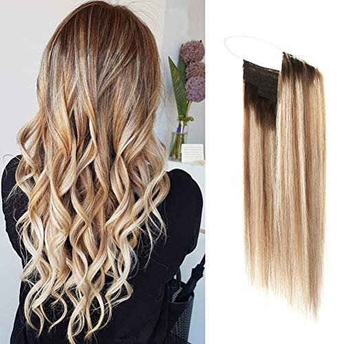 Vanalia Premium Remy Human Hair Halo Hair Extensions, Ash Brown with Platinum Blonde Highlights with Walnut Brown Root, 16 Inch. 100 Gram