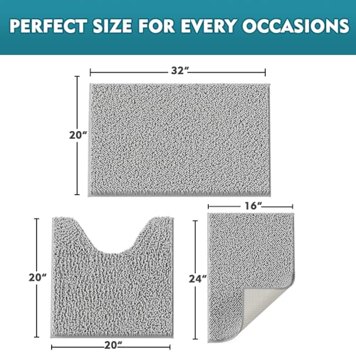 RUN HELIX Bathroom Rugs Set 3 Pieces Extra Soft and Absorbent Shaggy Non-Slip Bath Rugs, Chenille Bathroom Mats, Bathrooms Set with Toilet Rugs, Perfect Bath Mats for Bath Tub, Shower, Light Grey