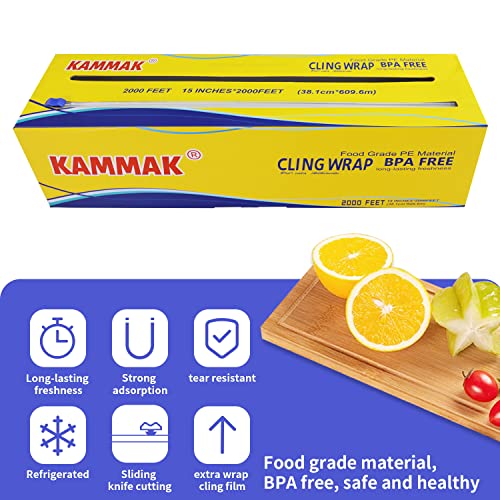 KAMMAK Plastic Wrap Food Cling Wrap with Slide Cutter 15 inch Restaurant Cling Film 2000 Ft Bulk Roll Refillable Food Service Cling Wrap Dispenser Quick Cut Anti-Fog Cling Film for Kitchen