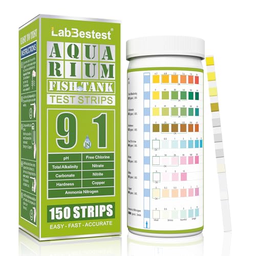 LabBestest Aquarium Ammonia Test Strips - 150 Fish Tank Testing Strips for Freshwater Saltwater - Pond Water Tester Kit - Rapid Accurate Easy to Test pH Nitrate Nitrite Ammonia and More (9-Way)